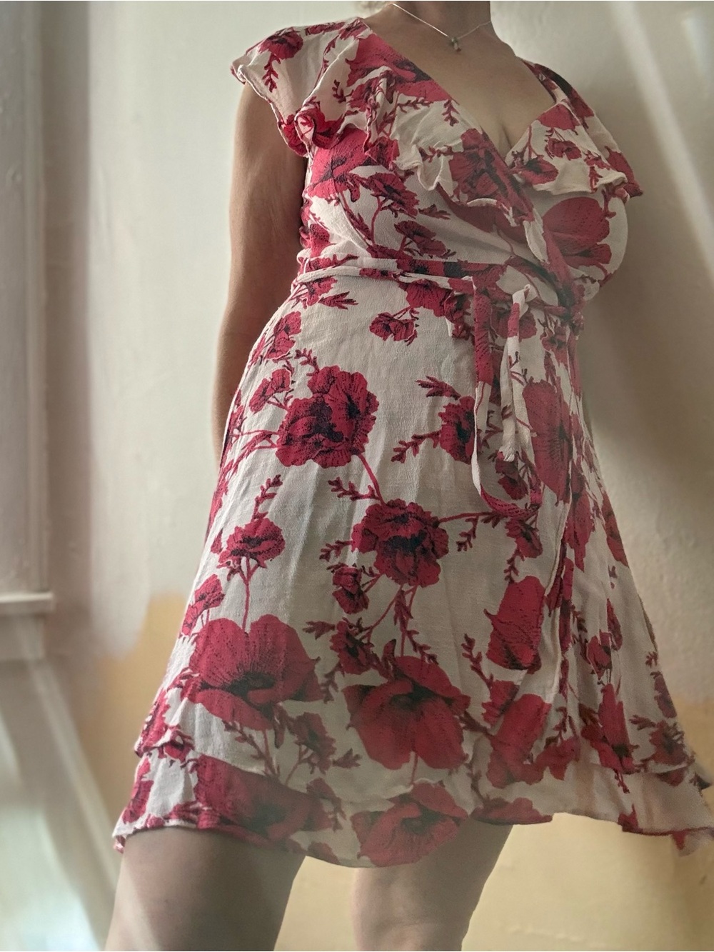 Free People Size L Red Poppy Floral Ruffle Sleeveless Wrap Dress